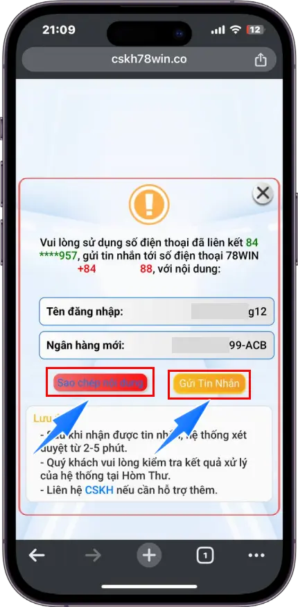 Bước 5 : Sao chép nội dung - Dùng SĐT đăng ký tài khoản >> Gửi thông tin đã sao chép đến SĐT của hệ thống >> Chờ xét duyệt trong vài phút